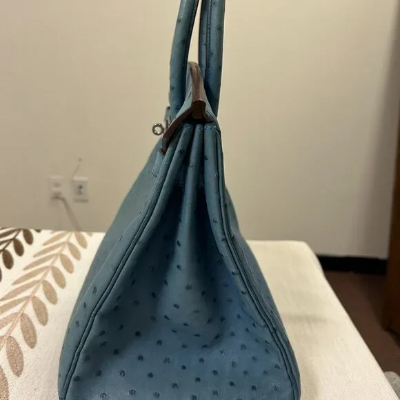 Hermes Blue Ostrich Leather Birkin 35 Bag (Sun Bleaching) - Picture 3 of 16